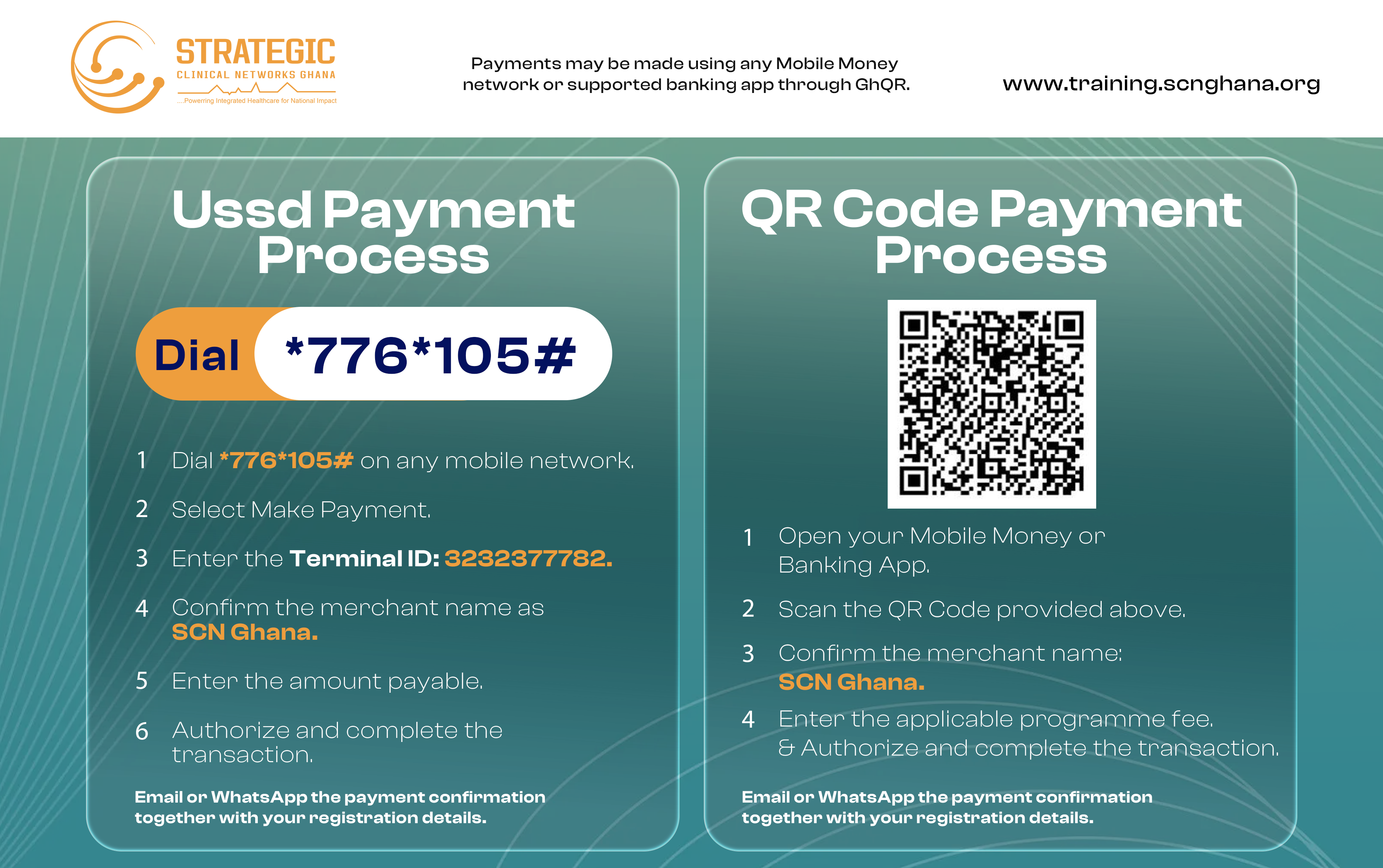 SCN Ghana official payment options — USSD and QR Code payment instructions