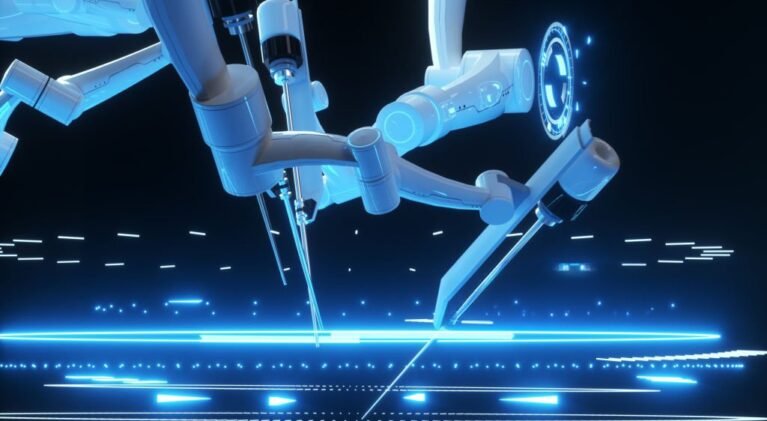 Robot surgeon, robotic equipment. Minimally invasive surgical innovation with three-dimensional overview. technology, the future of medicine, surgeon. 3D render, 3D illustration
