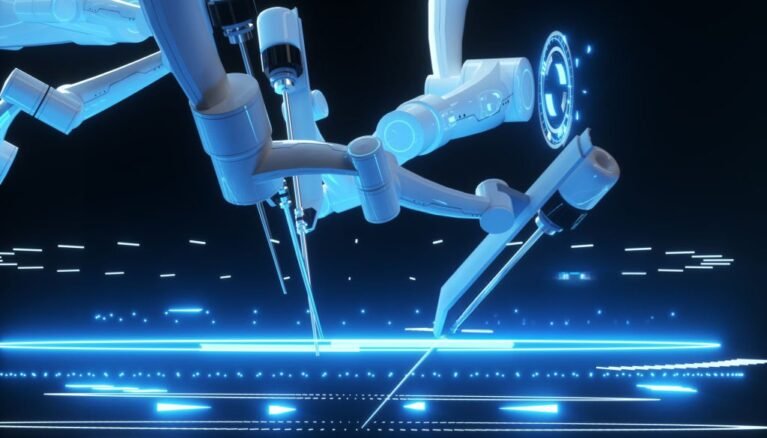 Robot surgeon, robotic equipment. Minimally invasive surgical innovation with three-dimensional overview. technology, the future of medicine, surgeon. 3D render, 3D illustration
