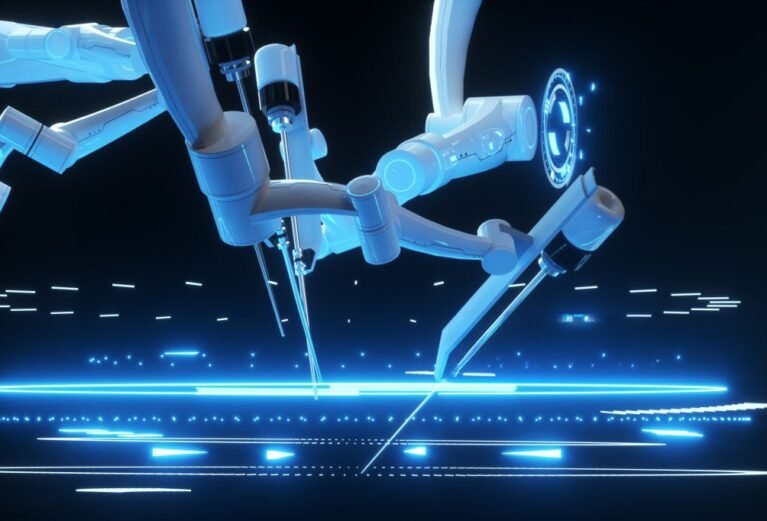 Robot surgeon, robotic equipment. Minimally invasive surgical innovation with three-dimensional overview. technology, the future of medicine, surgeon. 3D render, 3D illustration