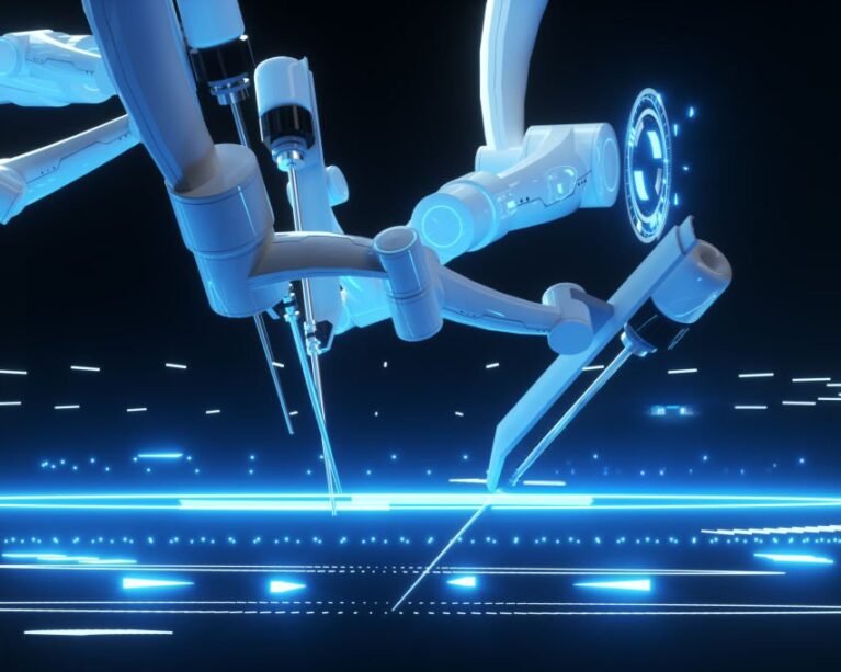 Robot surgeon, robotic equipment. Minimally invasive surgical innovation with three-dimensional overview. technology, the future of medicine, surgeon. 3D render, 3D illustration