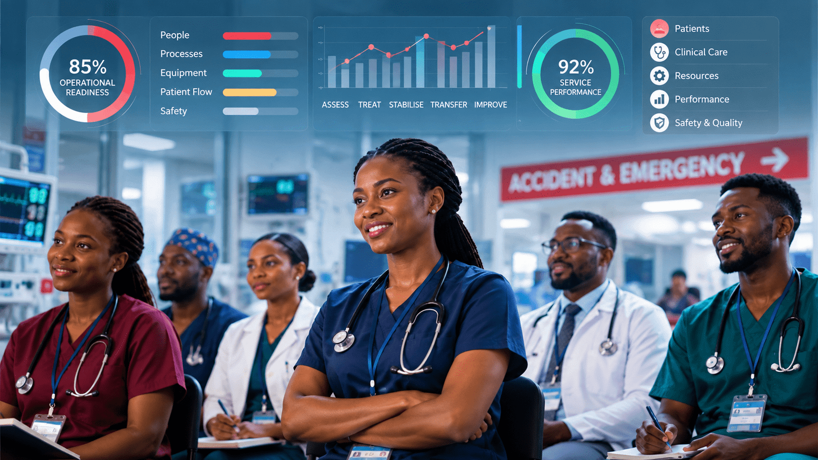 End-to-end A&E pathway from arrival and triage through monitoring, escalation and improvement.
